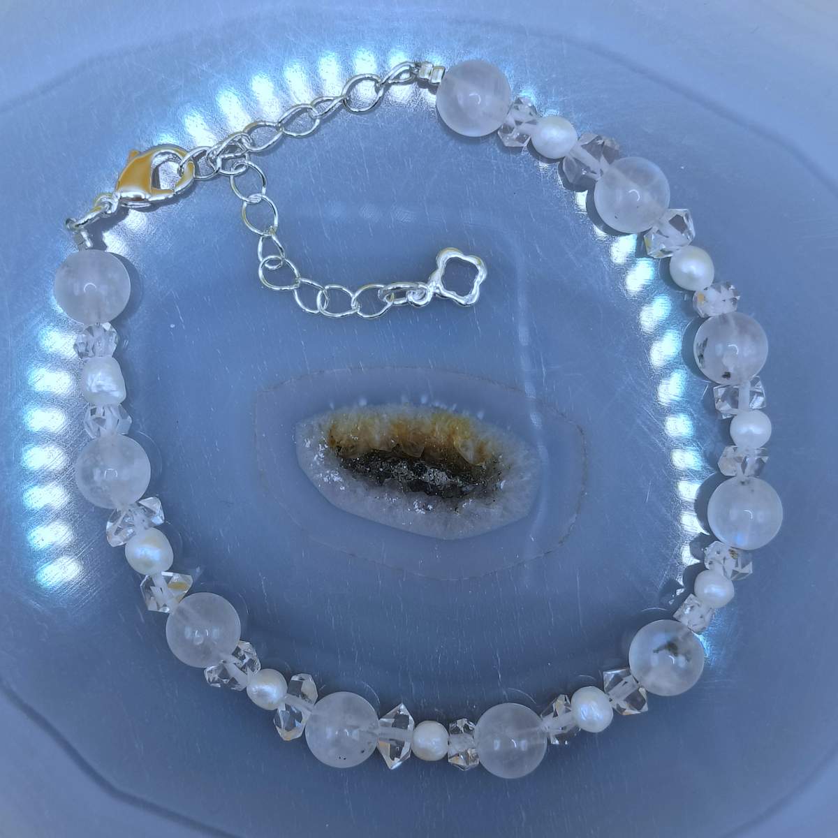 Браслет Місячний камінь+Перли+Херкімер 6мм 01800