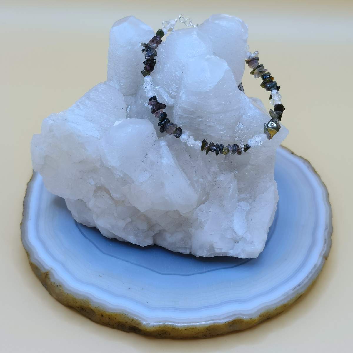 Браслет Турмалін кольоровий крихта+ Херкімер 5мм 0800