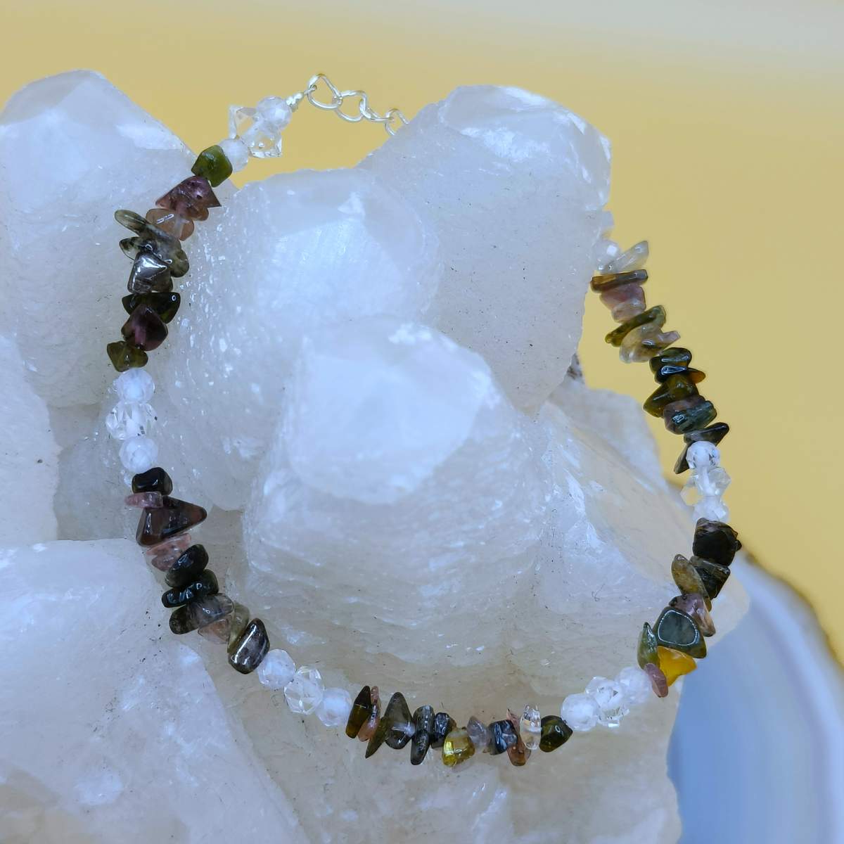 Браслет Турмалін кольоровий крихта+ Херкімер 5мм 0800