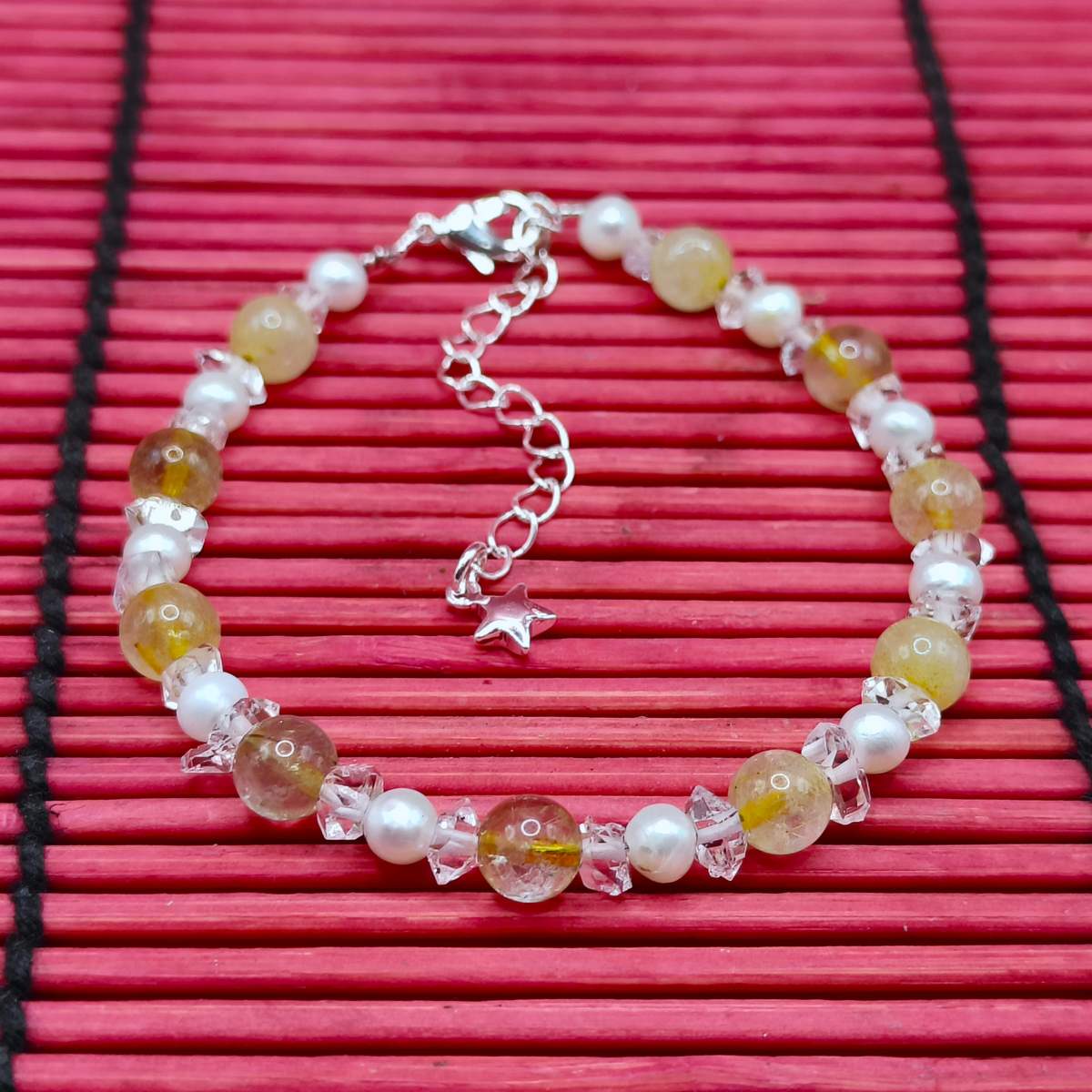 Браслет Перли+ Геркімер+ Рутил жовтий 4,5мм 01500