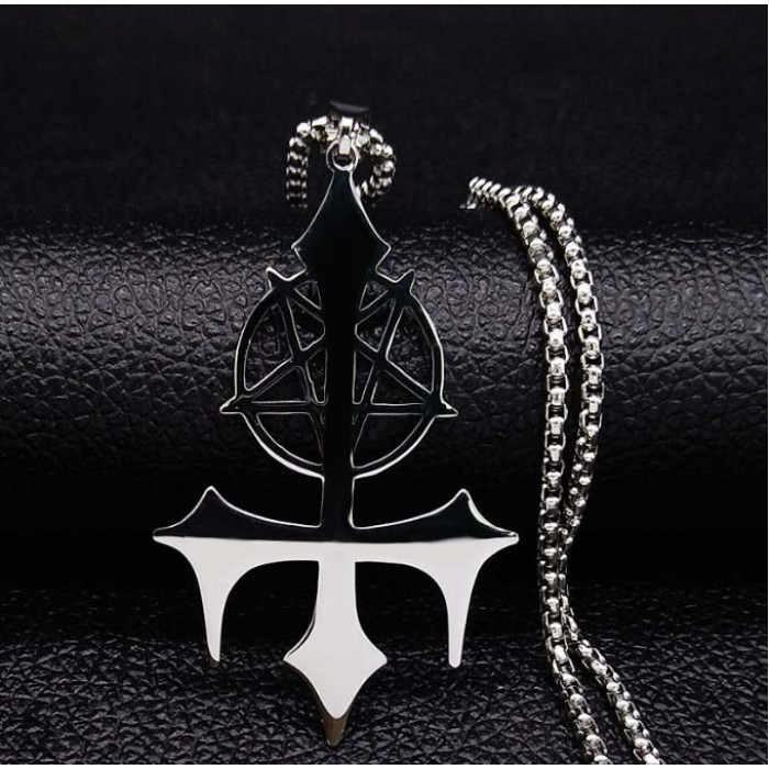 Пентакль на хресті білий метал 0200