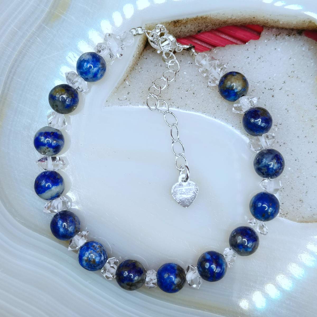 Браслет Ляпіс-лазур+херкімер намист.6,5мм 01000