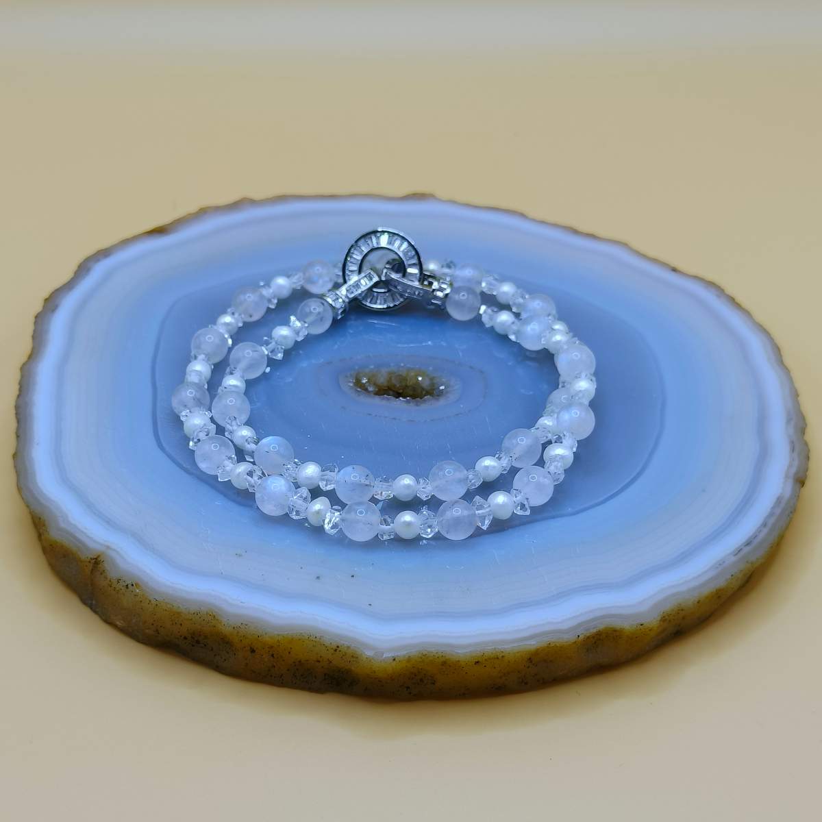 Місячний камінь+Перли+Херкімер намисто 6мм 03500