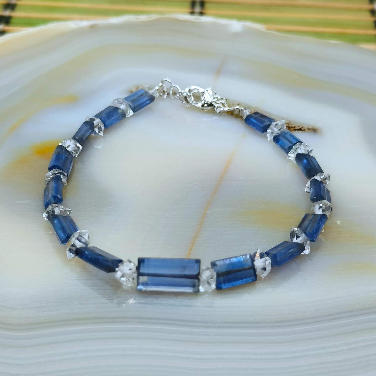 Браслет Кіаніт синій плоский+ Херкімер 02400