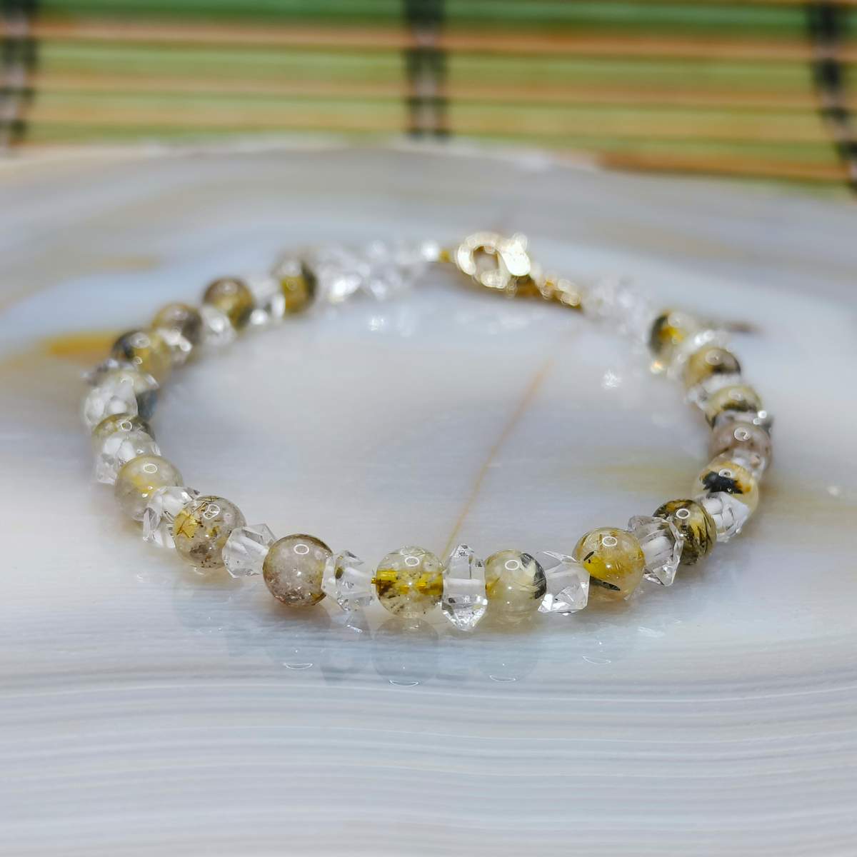 Браслет Кварц Рутил Жовтий+Херкімер 4мм 01300