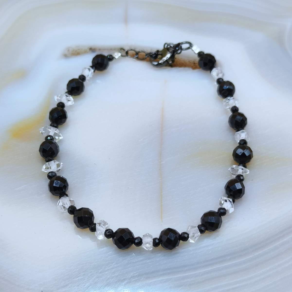 Браслет Турмалін Чорний грань+ Херкімер 5мм 01500