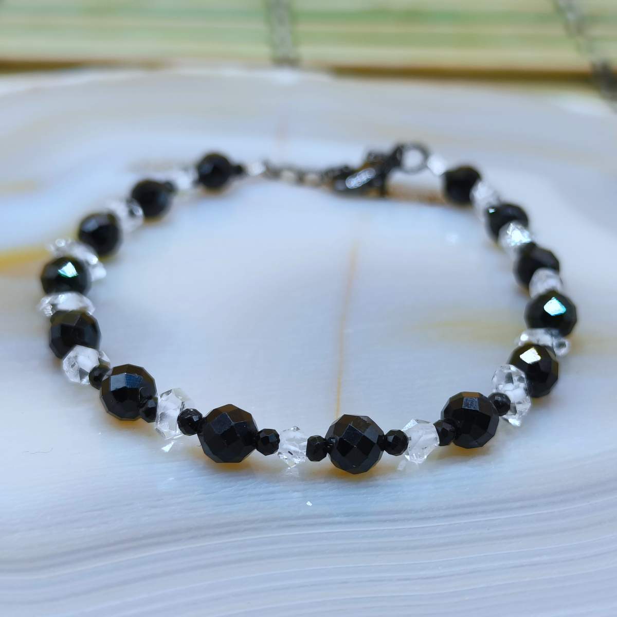 Браслет Турмалін Чорний грань+ Херкімер 5мм 01500