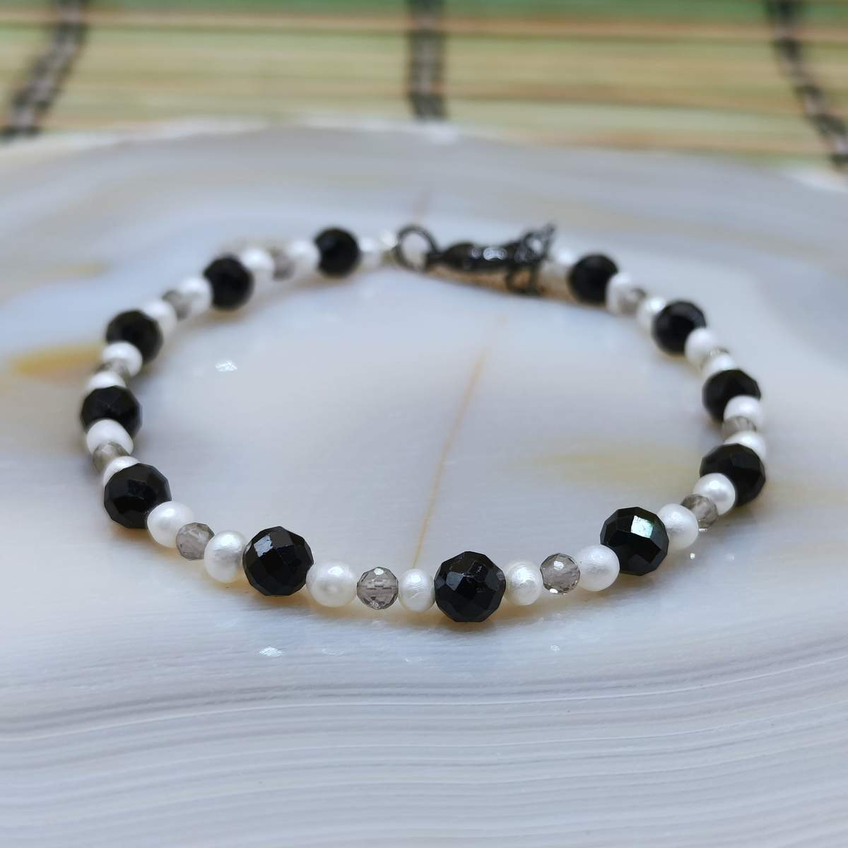 Браслет Турмалін Чорний грань+Перли+Раух 5мм 01300