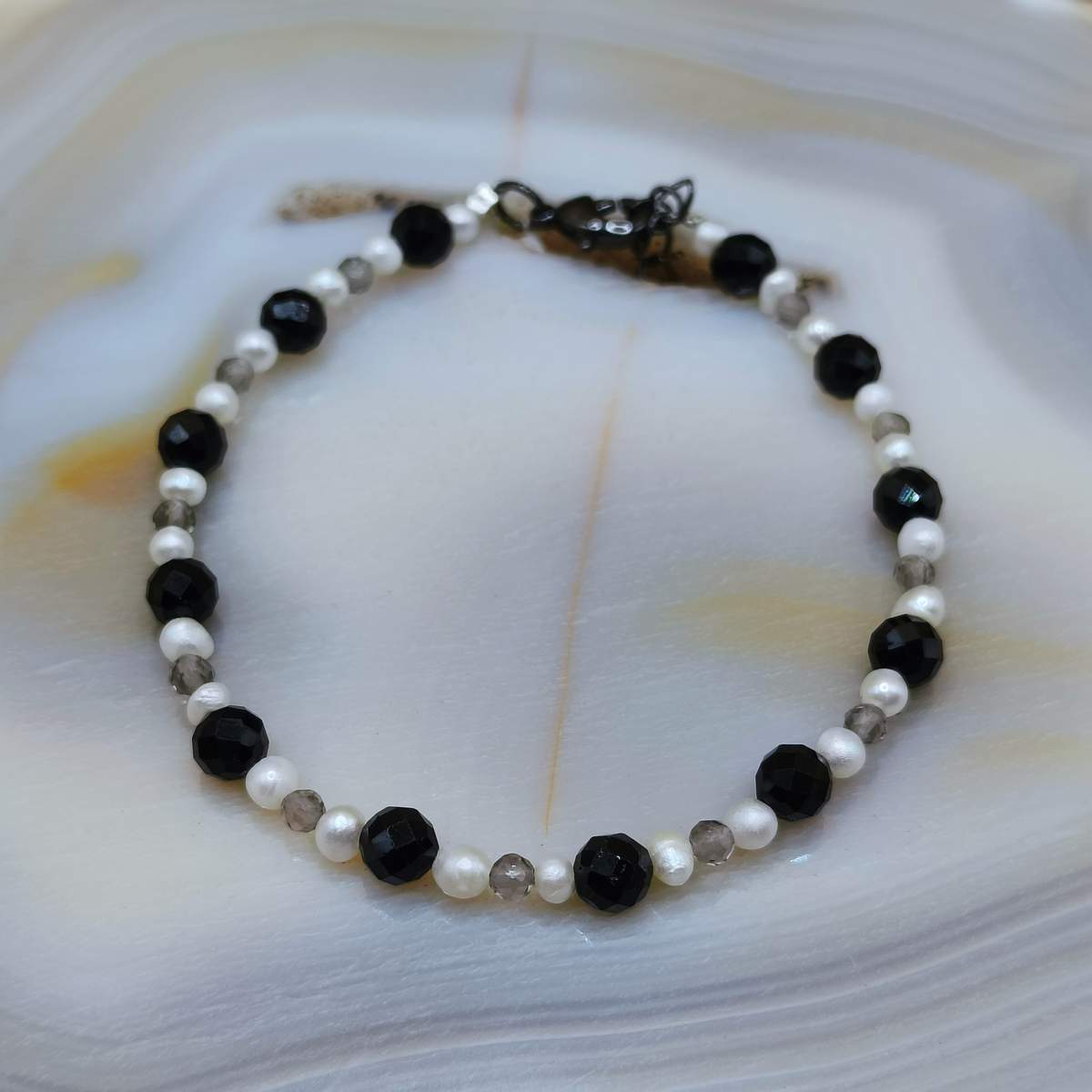 Браслет Турмалін Чорний грань+Перли+Раух 5мм 01300