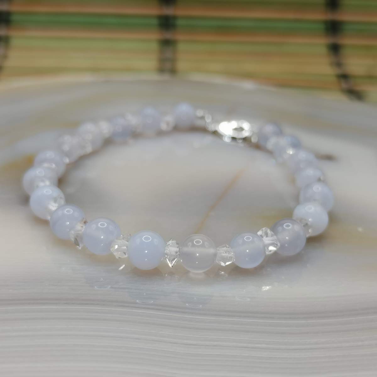 Браслет Агат Сапфірин+Херкімер 6мм 01500