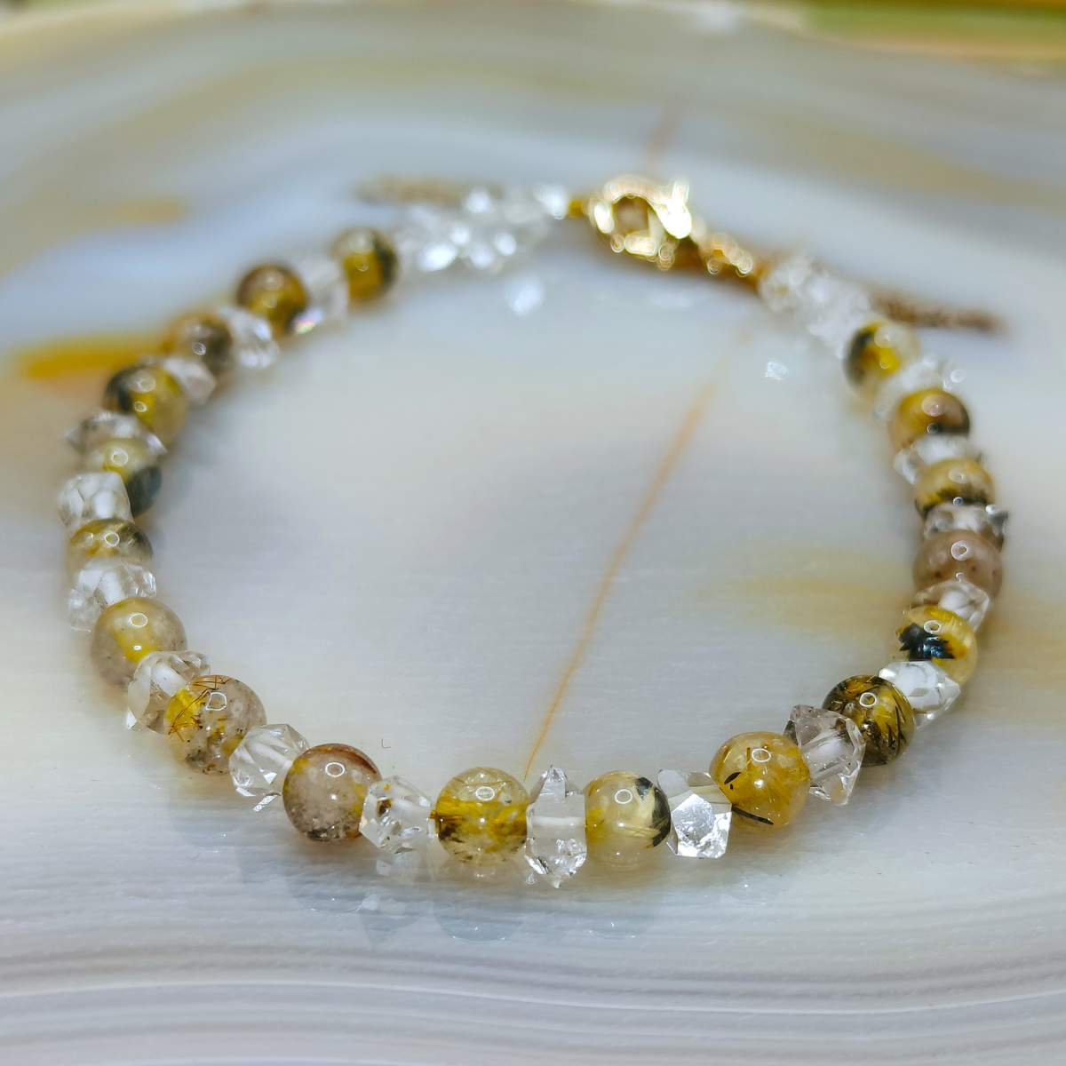Браслет Кварц Рутил Жовтий+Херкімер 4мм 01300
